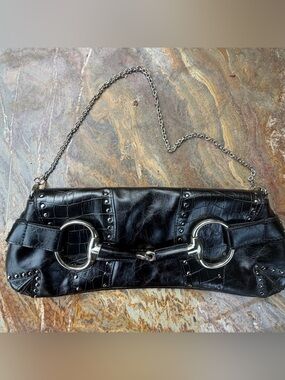 VINTAGE Sabina “Gucci”look Black Leather studded Clutch with Silver Horsebit